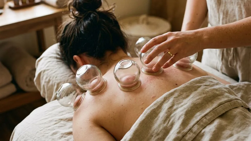 Therapist placing warm glass fire cupping cups along a runner's calves and lower back during a muscle recovery session at Healing Shiatsu in San Francisco's Outer Richmond