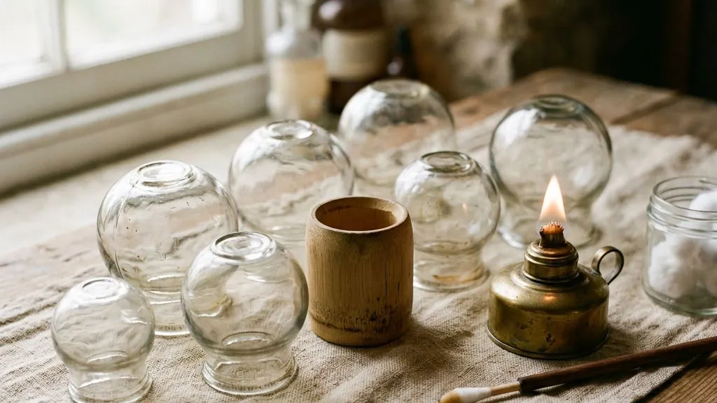 Warm glass fire-cupping cups resting on a clean towel in a treatment room at Healing Shiatsu in San Francisco's Outer Richmond