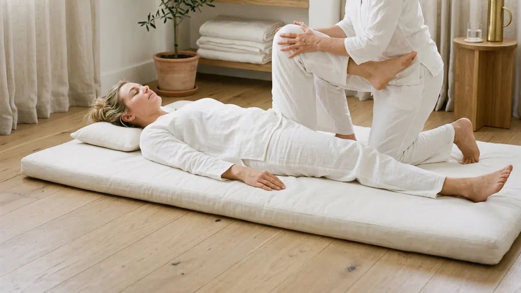 Massage near Golden Gate Park: therapist working a guest's legs on a floor mat at Healing Shiatsu, two blocks from the park