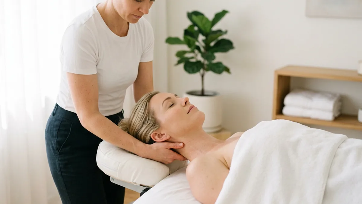 Therapist cradling a guest's neck during gentle scalp and neck work for tension headaches at Healing Shiatsu in San Francisco