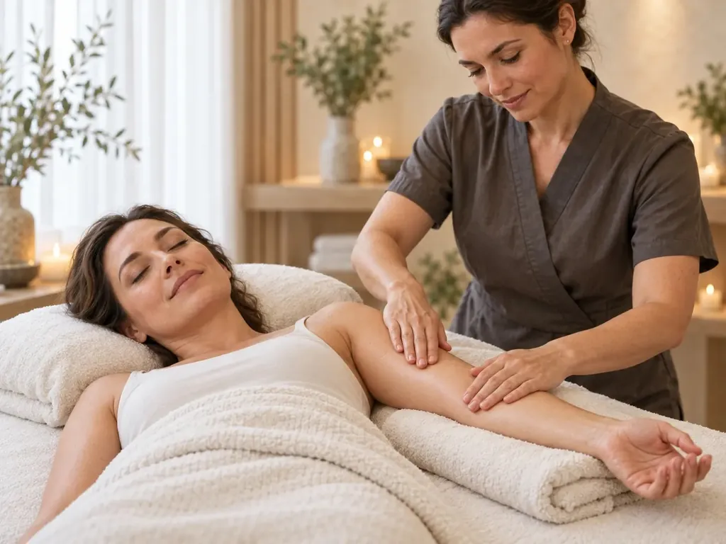 A therapist massaging a client’s upper arm as it rests on a folded towel
