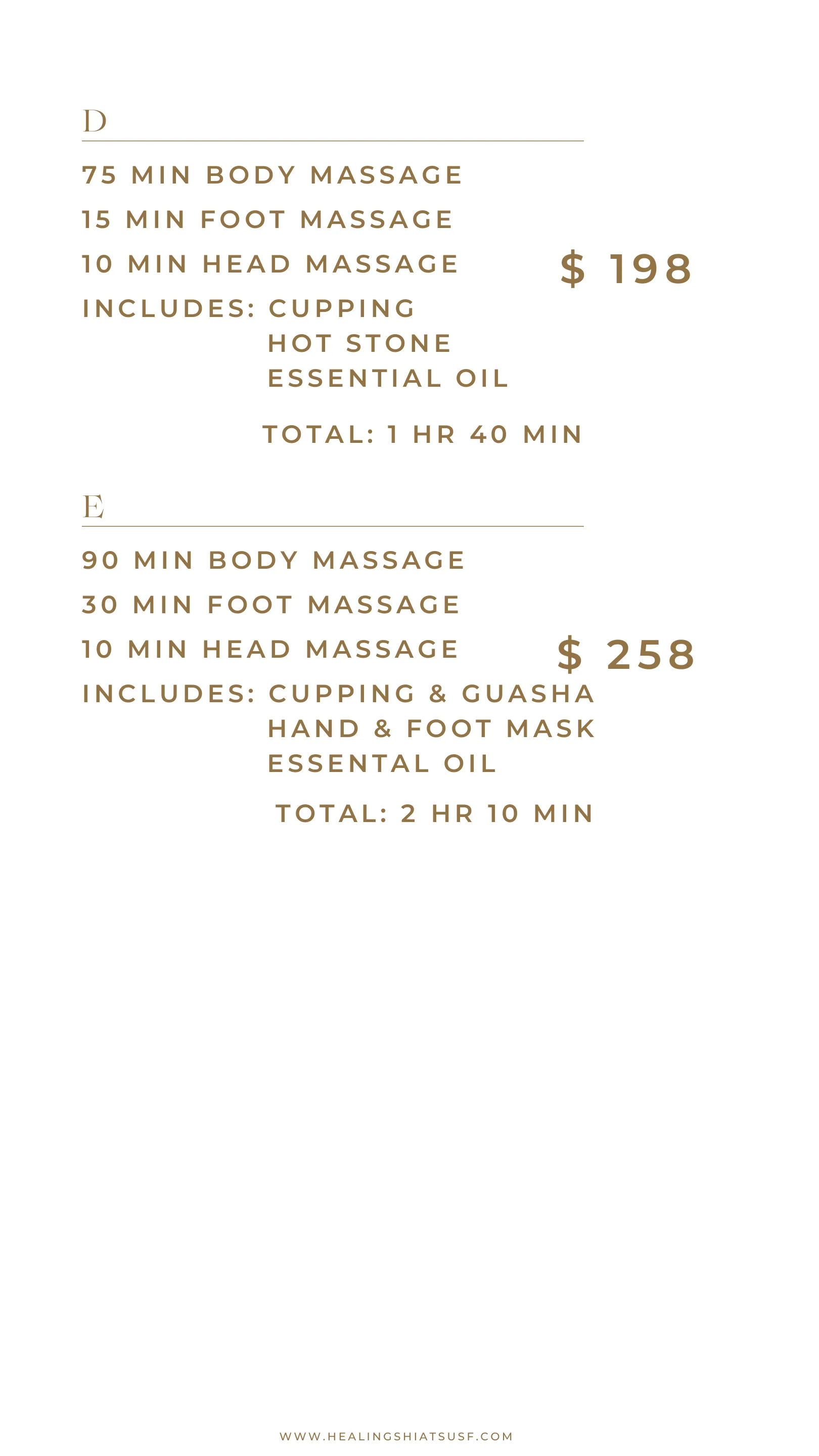 Healing Shiatsu wellness packages flyer, page 2: packages D ($198) and E ($258)
