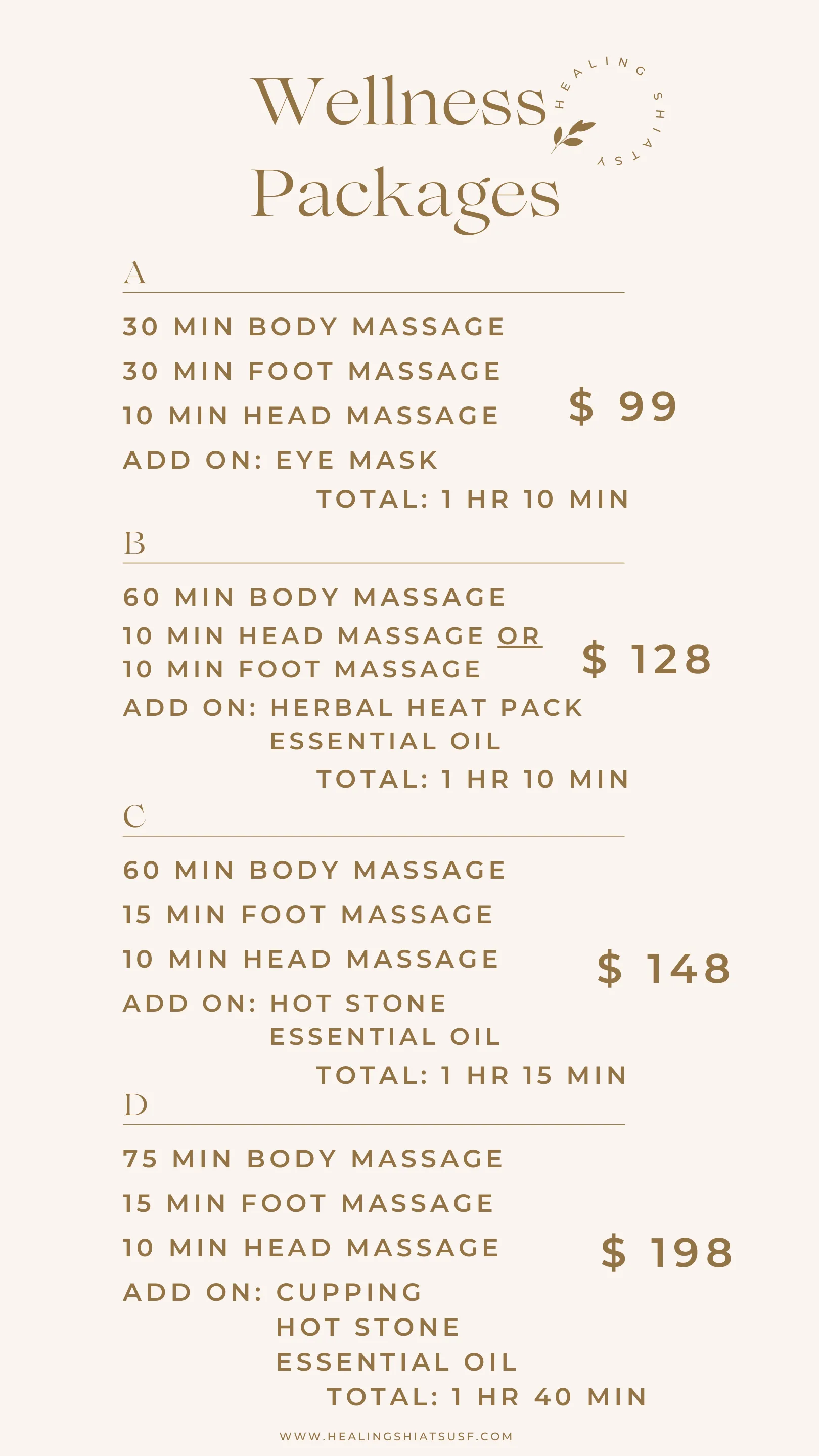 Healing Shiatsu wellness packages promotion — package options and pricing